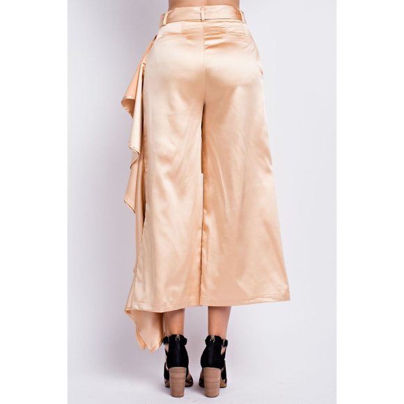 Women's Casual Tie Front Silky Side Ruffle Culottes Wide Leg Pants - Picture 9 of 10